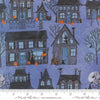 Image of Coven Witch Village Dusk quilting cotton fabric by Robin Pickens for Moda Fabrics. Features haunted houses on a blue background. Cute Little Fabric Shop.