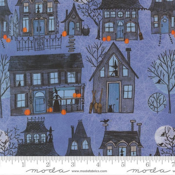 Image of Coven Witch Village Dusk quilting cotton fabric by Robin Pickens for Moda Fabrics. Features haunted houses on a blue background. Cute Little Fabric Shop.