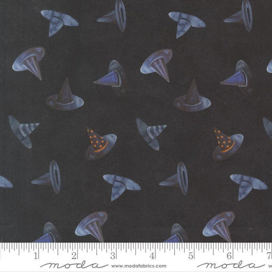 Image of Coven Witch Hats Onyx quilting cotton fabric by Robin Pickens for Moda Fabrics. Features hats on a black background. Cute Little Fabric Shop.