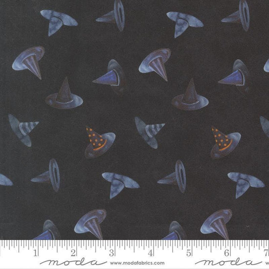 Image of Coven Witch Hats Onyx quilting cotton fabric by Robin Pickens for Moda Fabrics. Features hats on a black background. Cute Little Fabric Shop.
