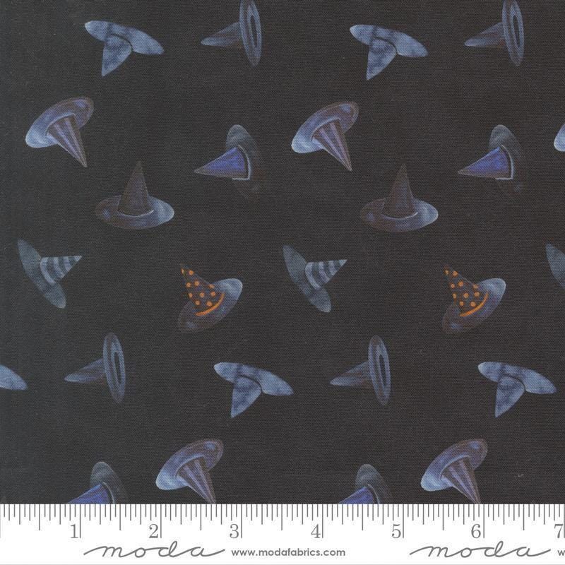 Image of Coven Witch Hats Onyx quilting cotton fabric by Robin Pickens for Moda Fabrics. Features hats on a black background. Cute Little Fabric Shop.