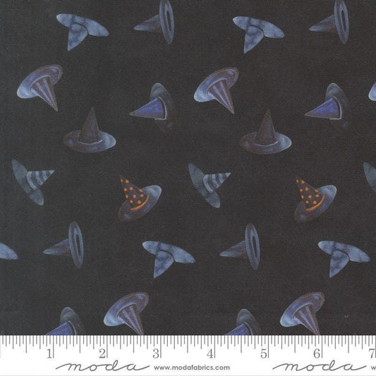 Image of Coven Witch Hats Onyx quilting cotton fabric by Robin Pickens for Moda Fabrics. Features hats on a black background. Cute Little Fabric Shop.