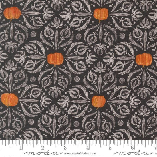 Image of Coven Medallion Tiles Onyx quilting cotton fabric by Robin Pickens for Moda Fabrics. Features pumpkins and swirls on a black background. Cute Little Fabric Shop.