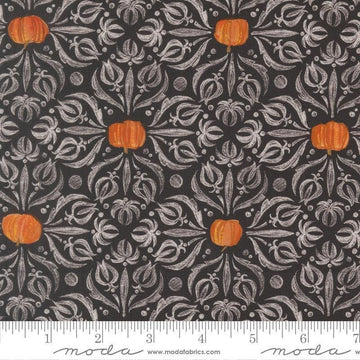 Image of Coven Medallion Tiles Onyx quilting cotton fabric by Robin Pickens for Moda Fabrics. Features pumpkins and swirls on a black background. Cute Little Fabric Shop.