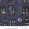 Image of Coven Witch Village Midnight quilting cotton fabric by Robin Pickens for Moda Fabrics. Features haunted houses on a blue background. Cute Little Fabric Shop.