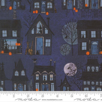 Image of Coven Witch Village Midnight quilting cotton fabric by Robin Pickens for Moda Fabrics. Features haunted houses on a blue background. Cute Little Fabric Shop.
