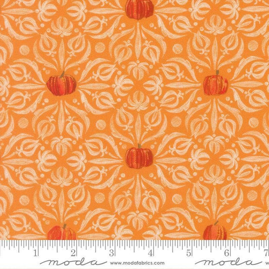 Image of Coven Medallion Tiles Pumpkin quilting cotton fabric by Robin Pickens for Moda Fabrics. Features pumpkins and swirls on an orange background. Cute Little Fabric Shop.