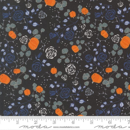 Image of Coven Small Garden Onyx quilting cotton fabric by Robin Pickens for Moda Fabrics. Features flowers on a black background. Cute Little Fabric Shop.