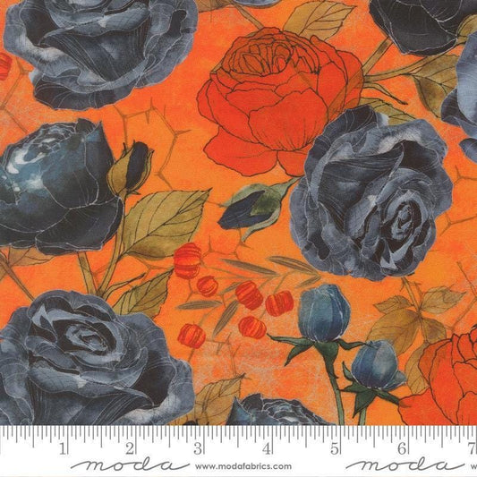 Image of Coven Rose Pumpkin quilting cotton fabric by Robin Pickens for Moda Fabrics. Features flowers on an orange background. Cute Little Fabric Shop.