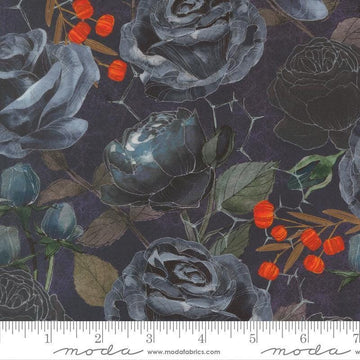 Image of Coven Rose Midnight quilting cotton fabric by Robin Pickens for Moda Fabrics. Features flowers on a blue background. Cute Little Fabric Shop.