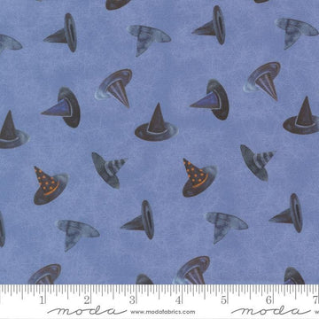 Image of Coven Witch Hats Dusk quilting cotton fabric by Robin Pickens for Moda Fabrics. Features hats on a blue background. Cute Little Fabric Shop.