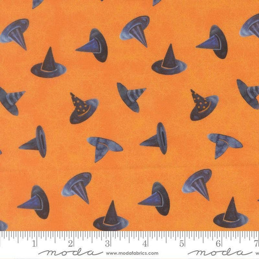 Image of Coven Witch Hats Pumpkin quilting cotton fabric by Robin Pickens for Moda Fabrics. Features hats on an orange background. Cute Little Fabric Shop.