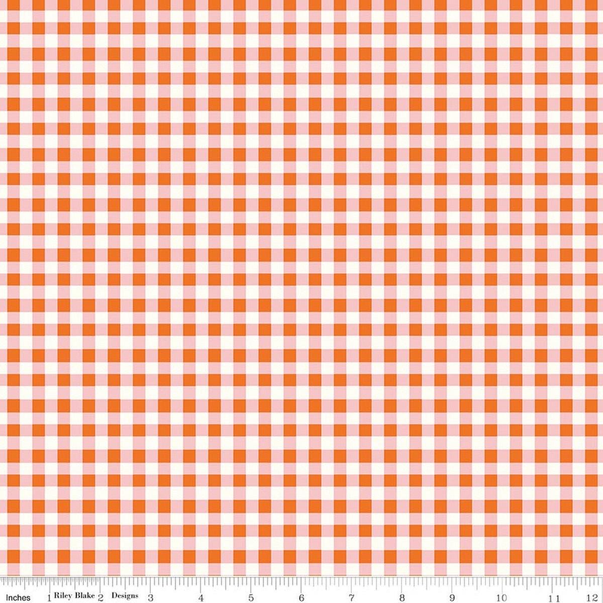 Image of Cotton Nook Plaid Orange quilting cotton fabric by Minki Kim for Riley Blake Designs. Features checkers on an orange background. Cute Little Fabric Shop.
