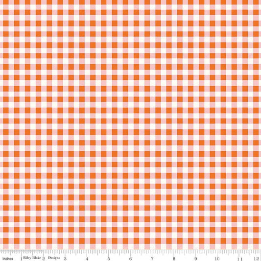 Image of Cotton Nook Plaid Orange quilting cotton fabric by Minki Kim for Riley Blake Designs. Features checkers on an orange background. Cute Little Fabric Shop.