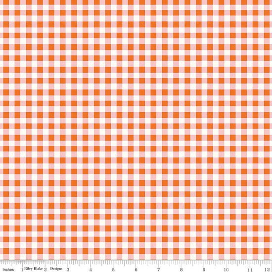 Image of Cotton Nook Plaid Orange quilting cotton fabric by Minki Kim for Riley Blake Designs. Features checkers on an orange background. Cute Little Fabric Shop.