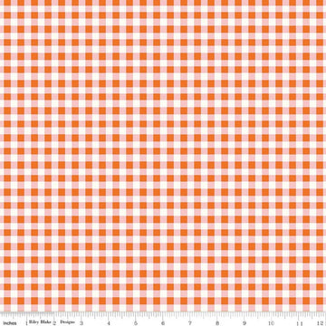 Image of Cotton Nook Plaid Orange quilting cotton fabric by Minki Kim for Riley Blake Designs. Features checkers on an orange background. Cute Little Fabric Shop.