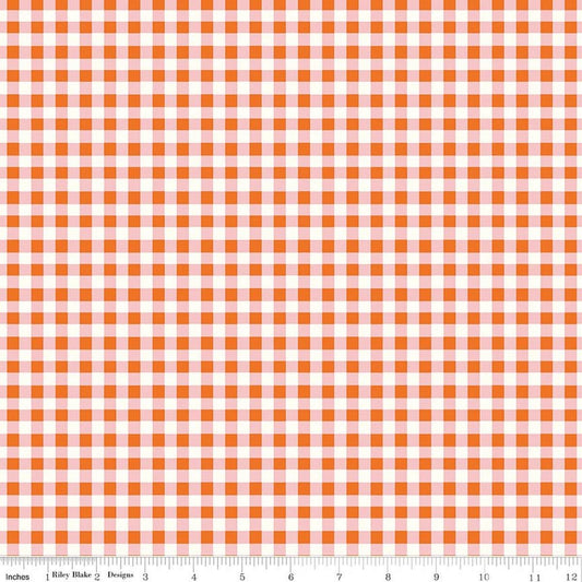 Image of Cotton Nook Plaid Orange quilting cotton fabric by Minki Kim for Riley Blake Designs. Features checkers on an orange background. Cute Little Fabric Shop.