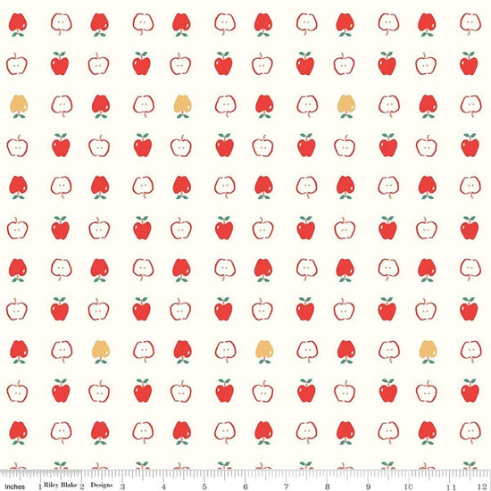 Image of Cotton Nook Apples Vintage White quilting cotton fabric by Minki Kim for Riley Blake Designs. Features apples on a white background. Cute Little Fabric Shop.