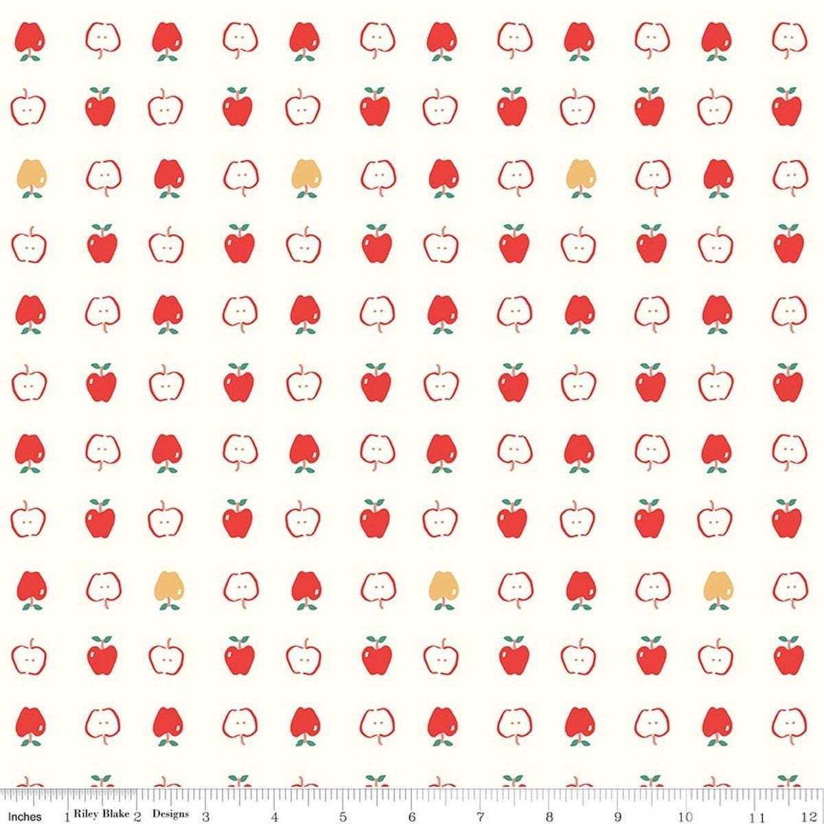 Image of Cotton Nook Apples Vintage White quilting cotton fabric by Minki Kim for Riley Blake Designs. Features apples on a white background. Cute Little Fabric Shop.