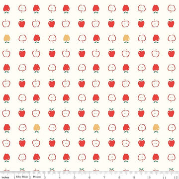 Image of Cotton Nook Apples Vintage White quilting cotton fabric by Minki Kim for Riley Blake Designs. Features apples on a white background. Cute Little Fabric Shop.