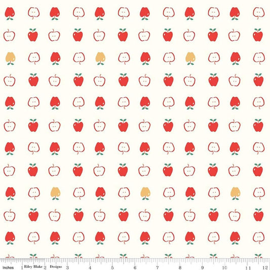 Image of Cotton Nook Apples Vintage White quilting cotton fabric by Minki Kim for Riley Blake Designs. Features apples on a white background. Cute Little Fabric Shop.