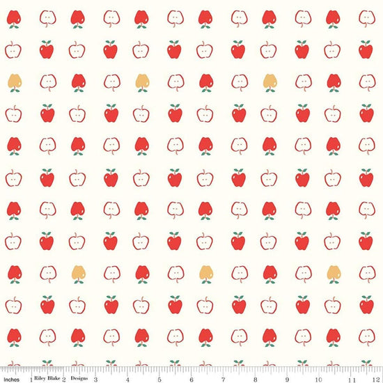 Image of Cotton Nook Apples Vintage White quilting cotton fabric by Minki Kim for Riley Blake Designs. Features apples on a white background. Cute Little Fabric Shop.