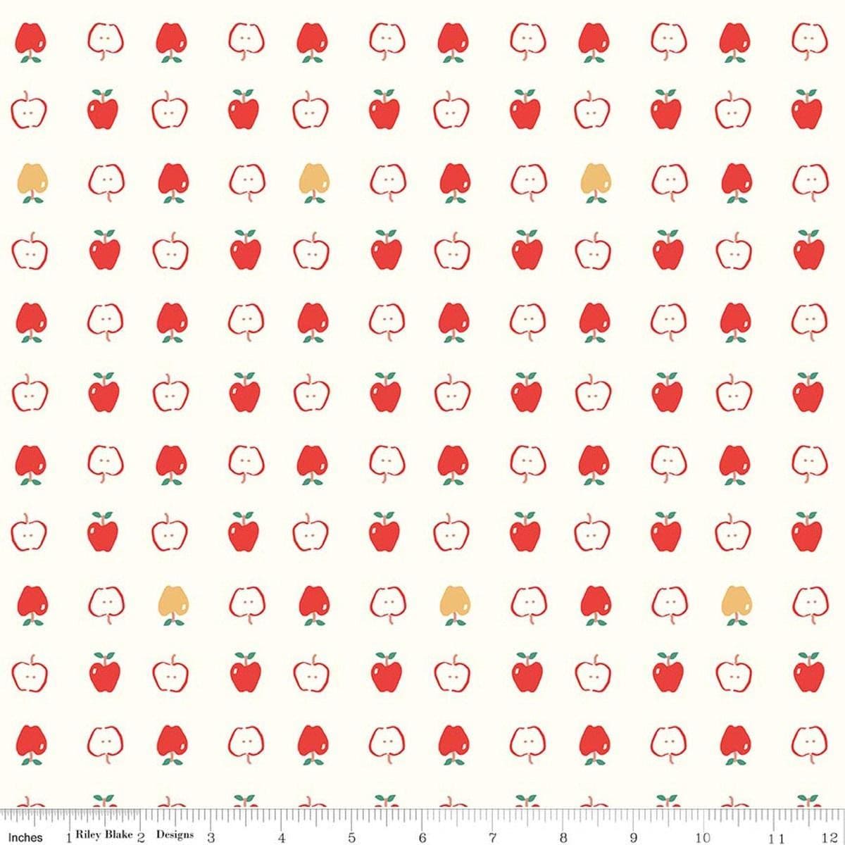 Image of Cotton Nook Apples Vintage White quilting cotton fabric by Minki Kim for Riley Blake Designs. Features apples on a white background. Cute Little Fabric Shop.