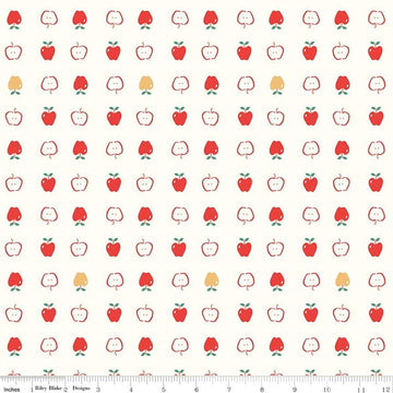 Image of Cotton Nook Apples Vintage White quilting cotton fabric by Minki Kim for Riley Blake Designs. Features apples on a white background. Cute Little Fabric Shop.