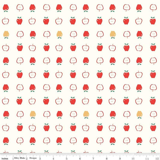 Image of Cotton Nook Apples Vintage White quilting cotton fabric by Minki Kim for Riley Blake Designs. Features apples on a white background. Cute Little Fabric Shop.