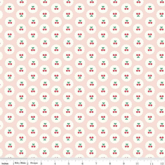 Image of Cotton Nook Cherries Blush quilting cotton fabric by Minki Kim for Riley Blake Designs. Features cherries on a pink background. Cute Little Fabric Shop.