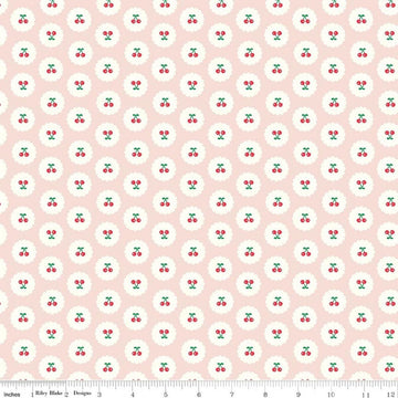 Image of Cotton Nook Cherries Blush quilting cotton fabric by Minki Kim for Riley Blake Designs. Features cherries on a pink background. Cute Little Fabric Shop.