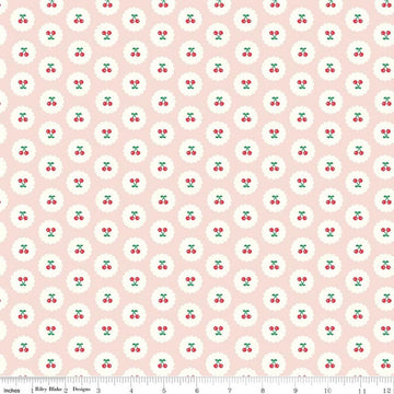 Image of Cotton Nook Cherries Blush quilting cotton fabric by Minki Kim for Riley Blake Designs. Features cherries on a pink background. Cute Little Fabric Shop.