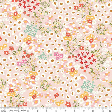 Image of Cotton Nook Flowerbed Blush quilting cotton fabric by Minki Kim for Riley Blake Designs. Features flowers on a pink background. Cute Little Fabric Shop.