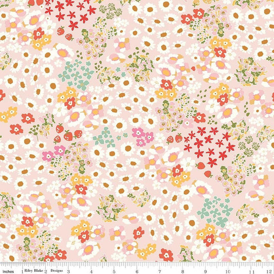 Image of Cotton Nook Flowerbed Blush quilting cotton fabric by Minki Kim for Riley Blake Designs. Features flowers on a pink background. Cute Little Fabric Shop.