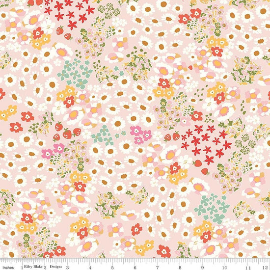 Image of Cotton Nook Flowerbed Blush quilting cotton fabric by Minki Kim for Riley Blake Designs. Features flowers on a pink background. Cute Little Fabric Shop.