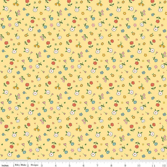 Image of Cotton Nook Pretty Sunshine quilting cotton fabric by Minki Kim for Riley Blake Designs. Features flowers on a yellow background. Cute Little Fabric Shop.