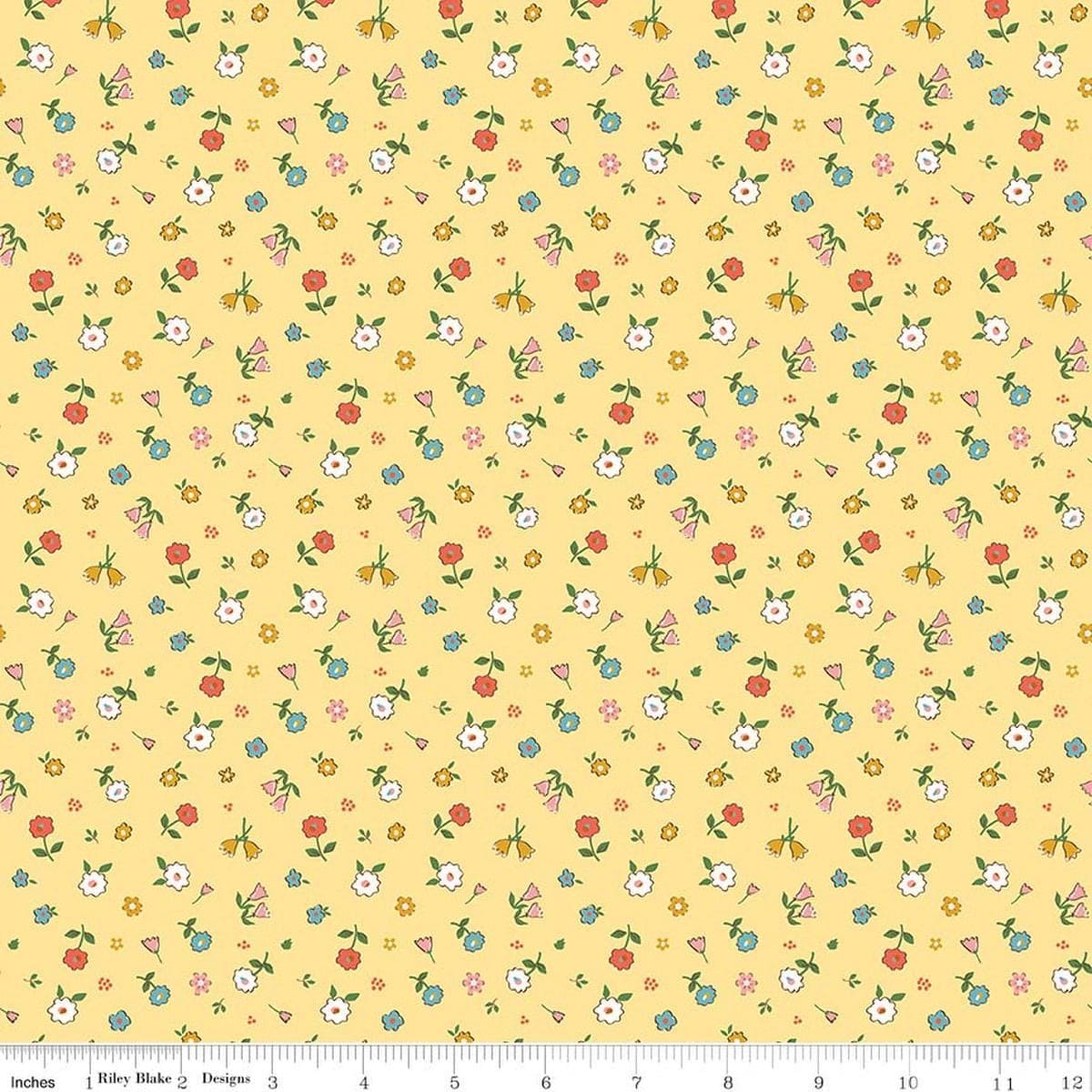 Image of Cotton Nook Pretty Sunshine quilting cotton fabric by Minki Kim for Riley Blake Designs. Features flowers on a yellow background. Cute Little Fabric Shop.