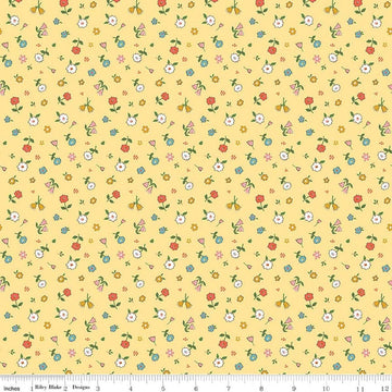 Image of Cotton Nook Pretty Sunshine quilting cotton fabric by Minki Kim for Riley Blake Designs. Features flowers on a yellow background. Cute Little Fabric Shop.