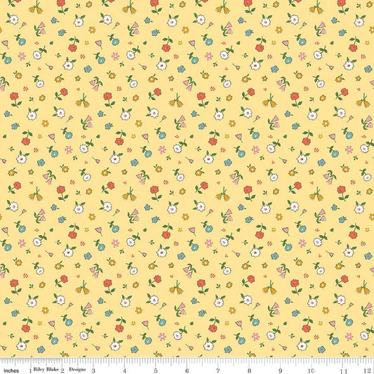 Image of Cotton Nook Pretty Sunshine quilting cotton fabric by Minki Kim for Riley Blake Designs. Features flowers on a yellow background. Cute Little Fabric Shop.