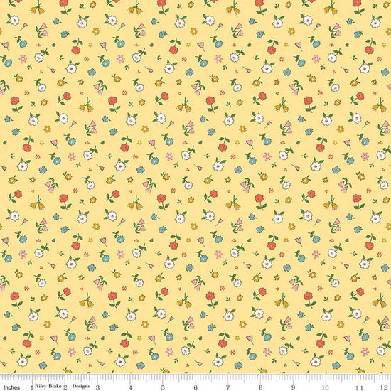 Image of Cotton Nook Pretty Sunshine quilting cotton fabric by Minki Kim for Riley Blake Designs. Features flowers on a yellow background. Cute Little Fabric Shop.