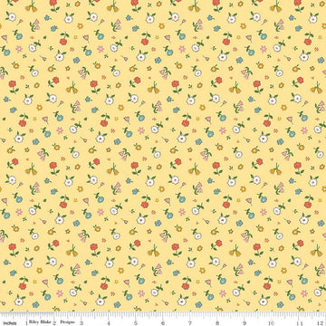 Image of Cotton Nook Pretty Sunshine quilting cotton fabric by Minki Kim for Riley Blake Designs. Features flowers on a yellow background. Cute Little Fabric Shop.