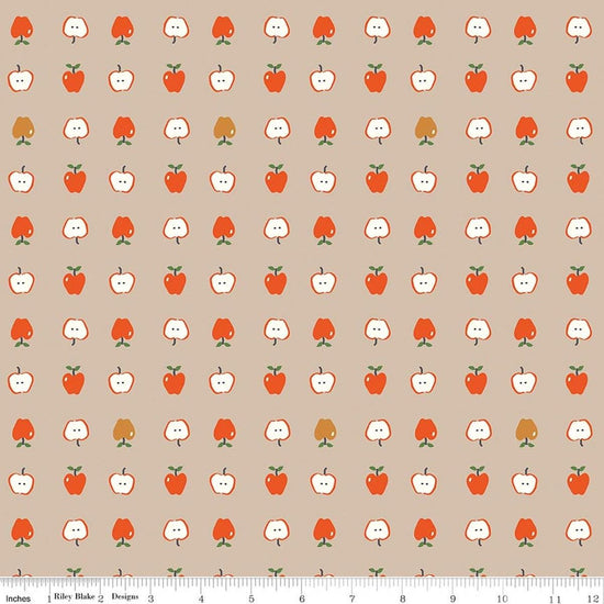 Image of Cotton Nook Apples Biscuit quilting cotton fabric by Minki Kim for Riley Blake Designs. Features apples on a brown background. Cute Little Fabric Shop.