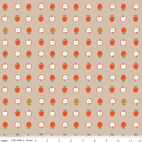 Image of Cotton Nook Apples Biscuit quilting cotton fabric by Minki Kim for Riley Blake Designs. Features apples on a brown background. Cute Little Fabric Shop.