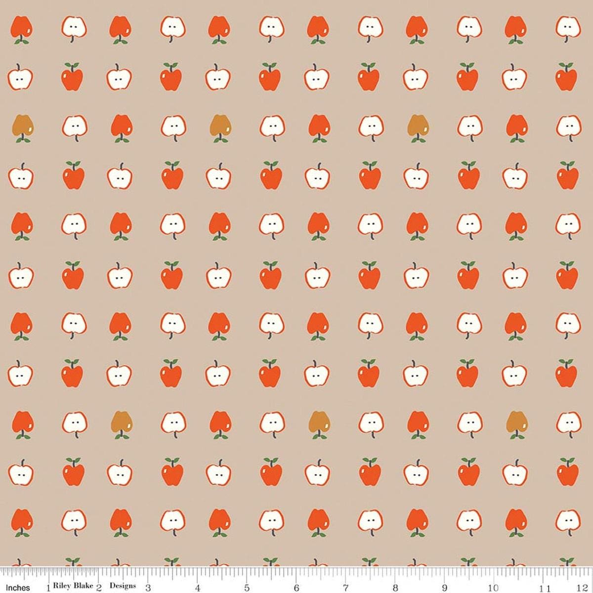 Image of Cotton Nook Apples Biscuit quilting cotton fabric by Minki Kim for Riley Blake Designs. Features apples on a brown background. Cute Little Fabric Shop.