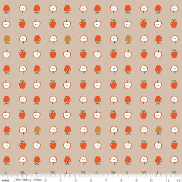 Image of Cotton Nook Apples Biscuit quilting cotton fabric by Minki Kim for Riley Blake Designs. Features apples on a brown background. Cute Little Fabric Shop.