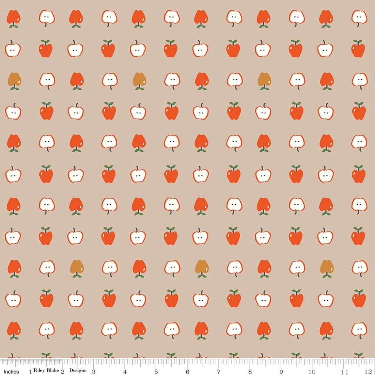Image of Cotton Nook Apples Biscuit quilting cotton fabric by Minki Kim for Riley Blake Designs. Features apples on a brown background. Cute Little Fabric Shop.