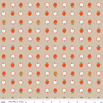 Image of Cotton Nook Apples Biscuit quilting cotton fabric by Minki Kim for Riley Blake Designs. Features apples on a brown background. Cute Little Fabric Shop.