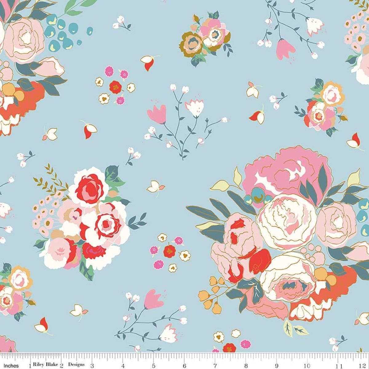 Image of Cotton Nook Main Sky quilting cotton fabric by Minki Kim for Riley Blake Designs. Features flowers on a blue background. Cute Little Fabric Shop.