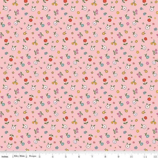 Image of Cotton Nook Pretty Pink quilting cotton fabric by Minki Kim for Riley Blake Designs. Features flowers on a pink background. Cute Little Fabric Shop.