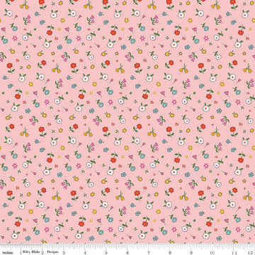 Image of Cotton Nook Pretty Pink quilting cotton fabric by Minki Kim for Riley Blake Designs. Features flowers on a pink background. Cute Little Fabric Shop.